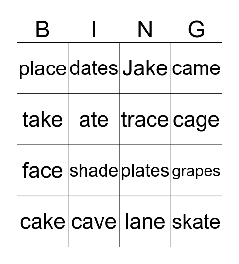 Long A CVCe Words Bingo Card