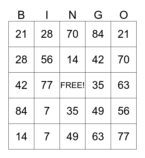 Seven Times Table Bingo Card