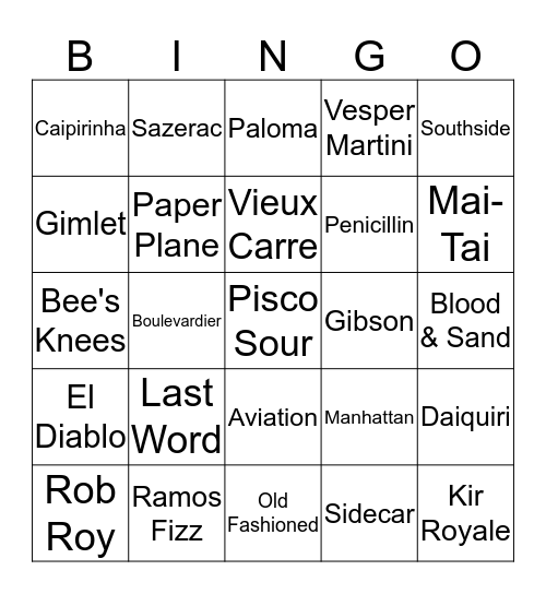 Classic Cocktail Bingo Card