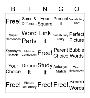Vocabulary Bingo  Bingo Card