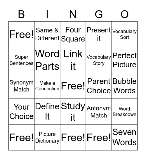 Vocabulary Bingo  Bingo Card