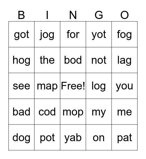 short o +sight words Bingo Card