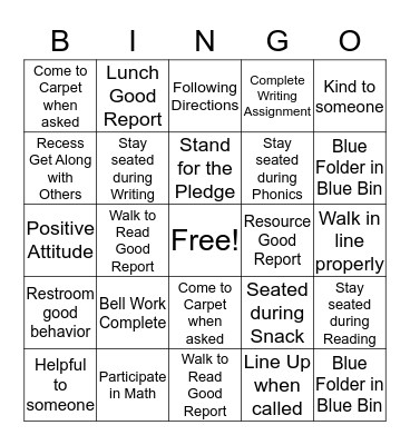 Kash's Behavior Bingo Card