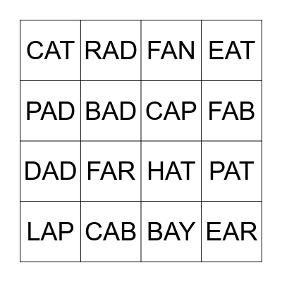 LETTERS WITH a IN THE CENTRE Bingo Card