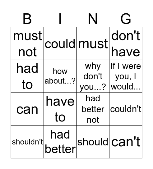 Modals Bingo Card