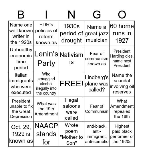 1920s and 1930s Bingo Quiz Bingo Card