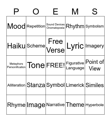 Poetry Bingo Card