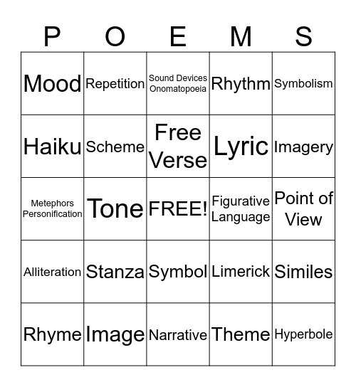 Poetry Bingo Card