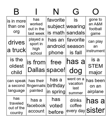 Get To Know You Member Bingo Card