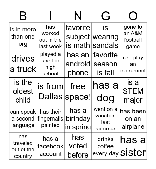 Get To Know You Member Bingo Card