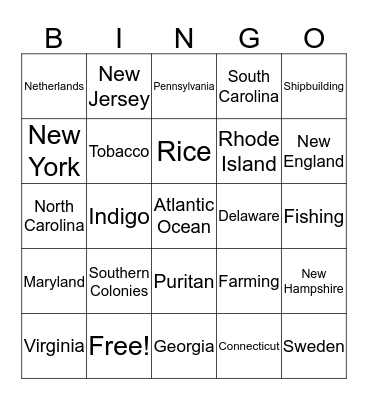 The Thirteen Colonies Bingo Card