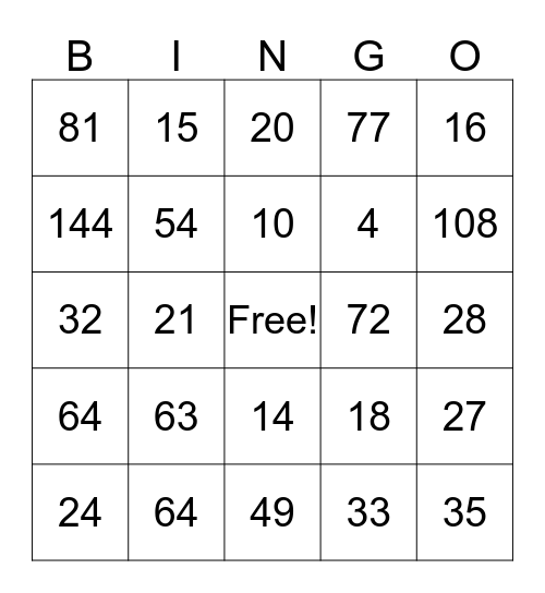 Multiplication BINGO Card