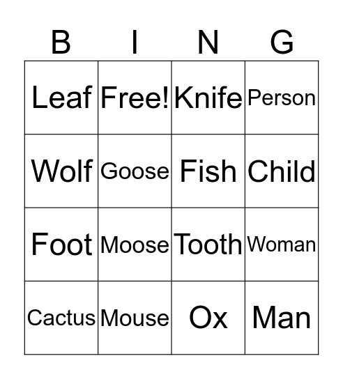 Irregular Noun Bingo Card