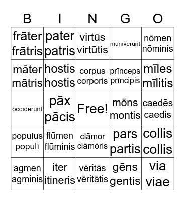 Latin Vocabulary Bingo Card