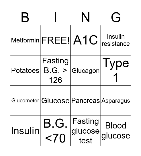 Diabetic Bing Bingo Card