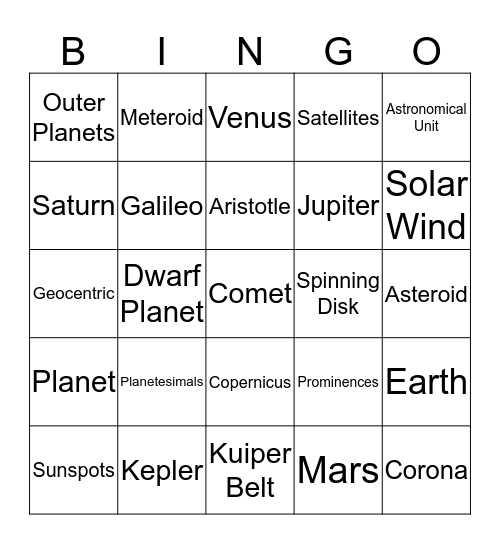 Chapter 12 Solar System Review Bingo Card