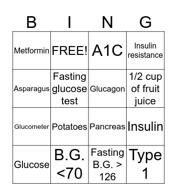 Diabetic Bing Bingo Card