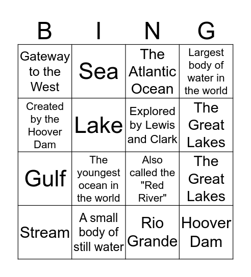 Bodies of Water in North America Bingo Card
