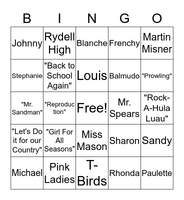 Grease 2 Bingo Card