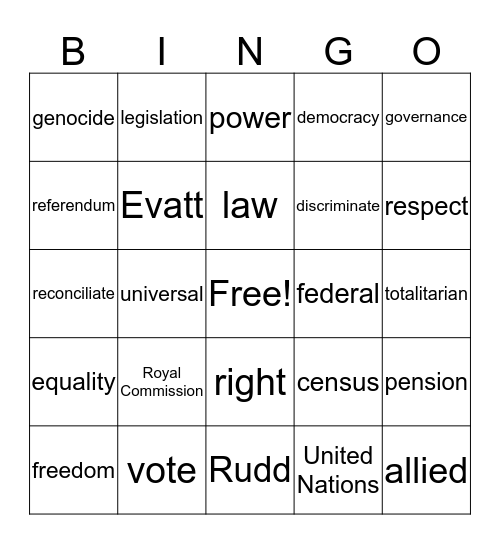 Rights and Freedoms Bingo Card