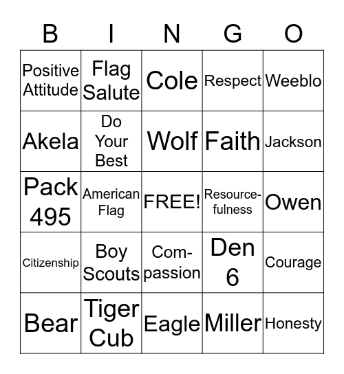 Cub Scout Bingo Card