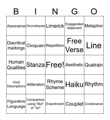 Figurative Language and Poetic Devices Bingo Card