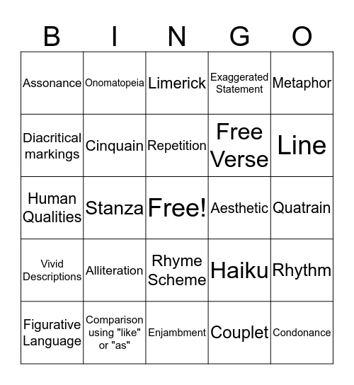 Figurative Language and Poetic Devices Bingo Card