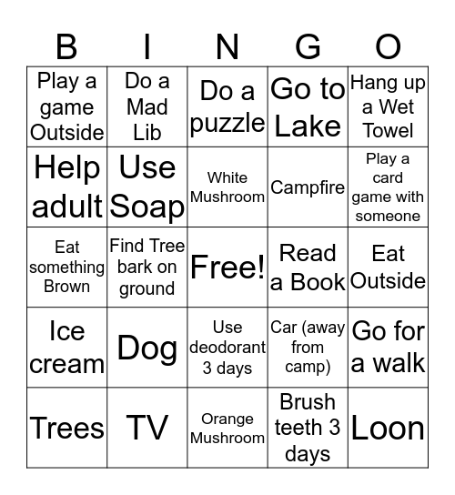 Family Camping trip Bingo Card