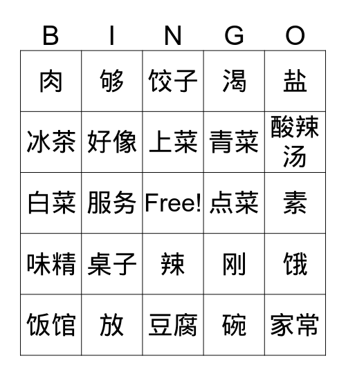 Dining Out Bingo Card