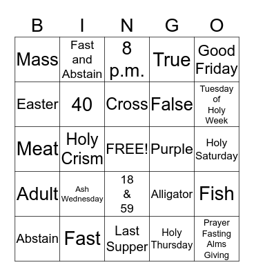 Lent Bingo Card