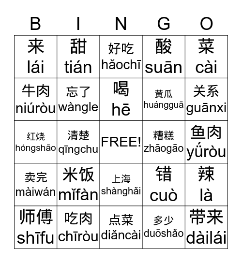 第十二课   在饭馆儿 2 Bingo Card