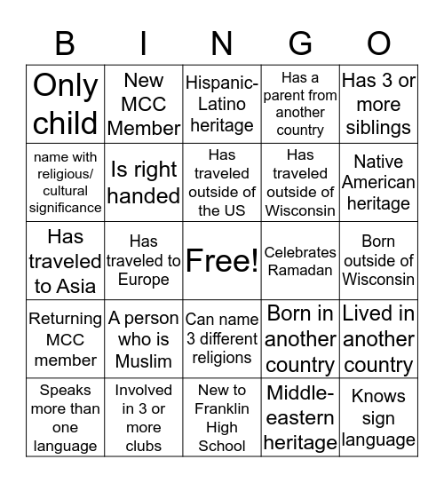 MULTICULTURAL BINGO Card