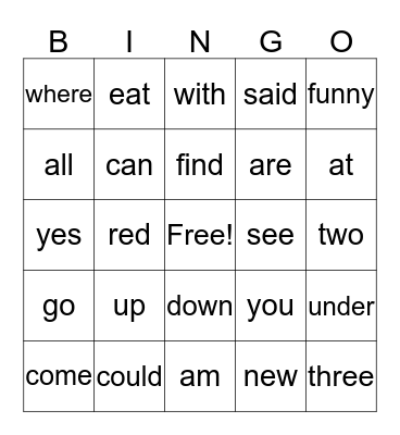 Sight Words Bingo Card