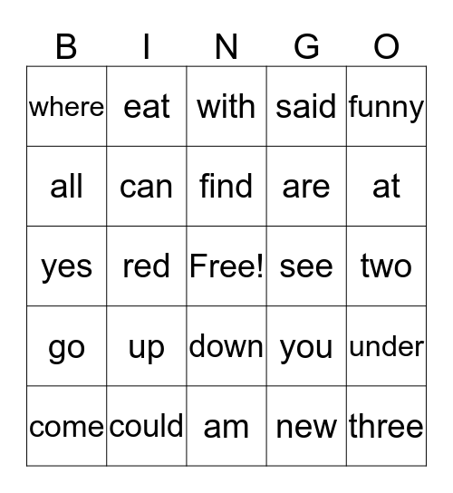 Sight Words Bingo Card