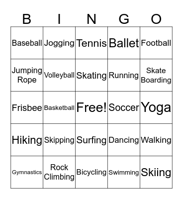 Physical Activity Bingo Card