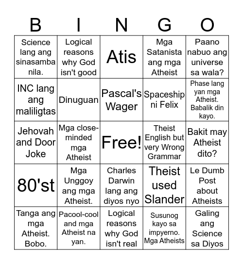 Catholic vs. INC - War Debate Bingo Card
