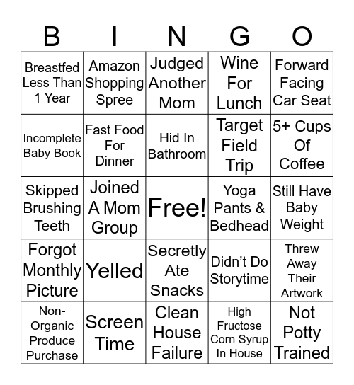 Bad Mommy Bingo Card