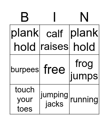 Types of Exercise Bingo Card