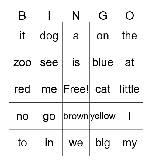 Sight word BINGO Card