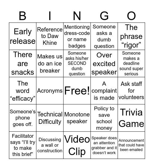 Staff Bingo Card