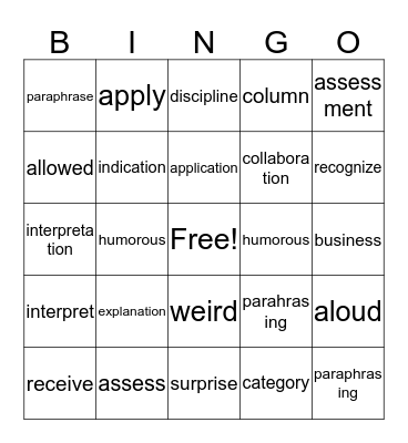 2C Vocabulary Words Bingo Card