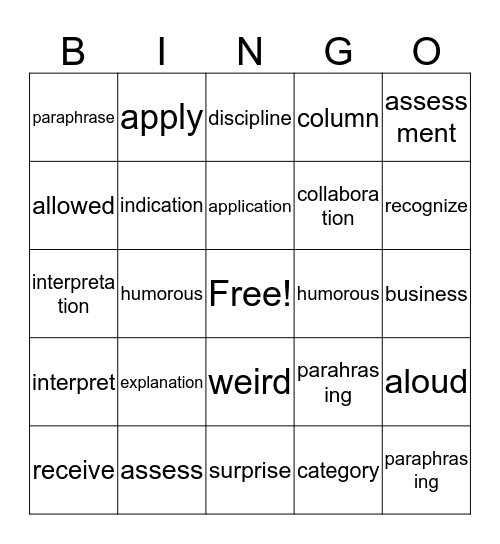 2C Vocabulary Words Bingo Card