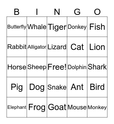 Animals Bingo Card