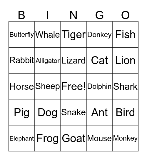 Animals Bingo Card