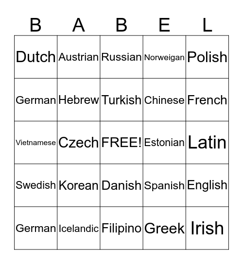 The Tower of Babel Bingo Card