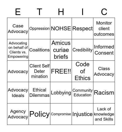 The Ethics of BINGO Advocacy Bingo Card