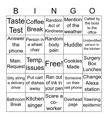 Nutriton Services BINGO Card