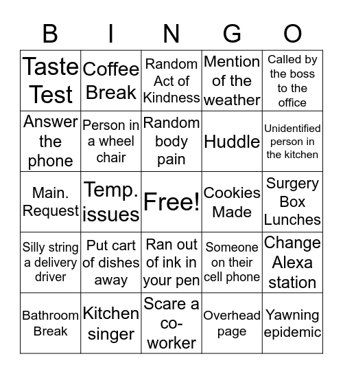 Nutriton Services BINGO Card
