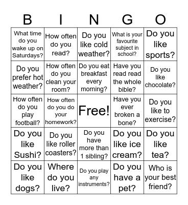24 Questions  Bingo Card
