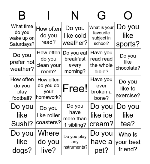 24 Questions  Bingo Card